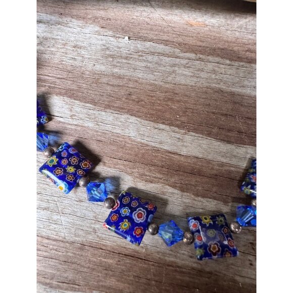 Handcrafted Millefiori Glass Necklace With Adjustable Chain & Floral Blue Beads - Picture 2 of 6